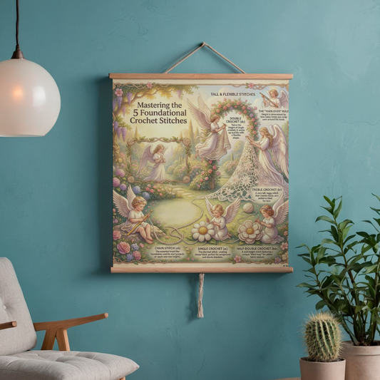 Vintage Angel Crochet Foundational Stitch Guide, Cottagecore Botanical Art, 5 Basic Stitches Poster