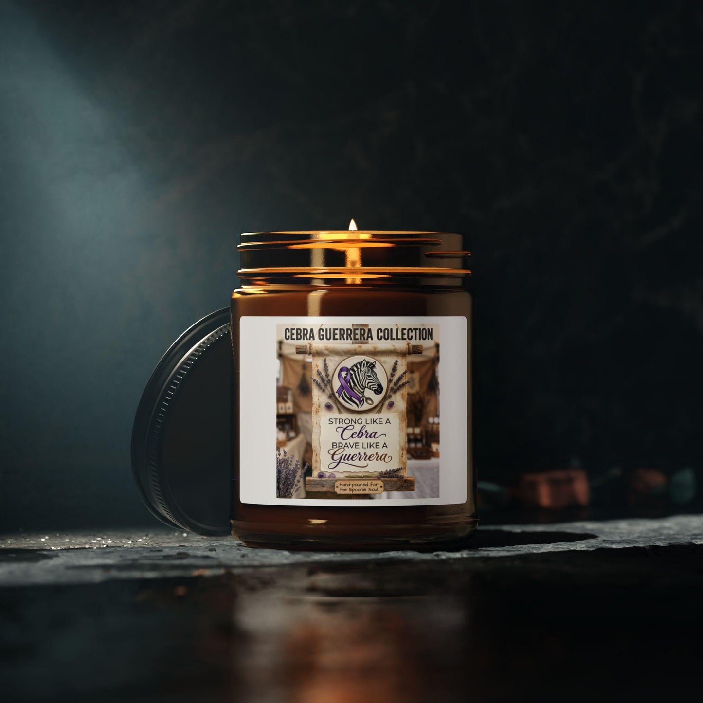 Latina-Owned: Cebra Guerrera Collection Soy Candle, Amber Jar, Spanglish, Chronic Illness, EDS, Bilingual