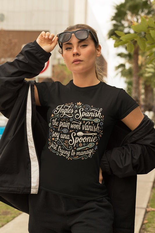 Latina-Owned, Bilingual Spoonie Script Pain Awareness T-Shirt | Inglés y Spanish