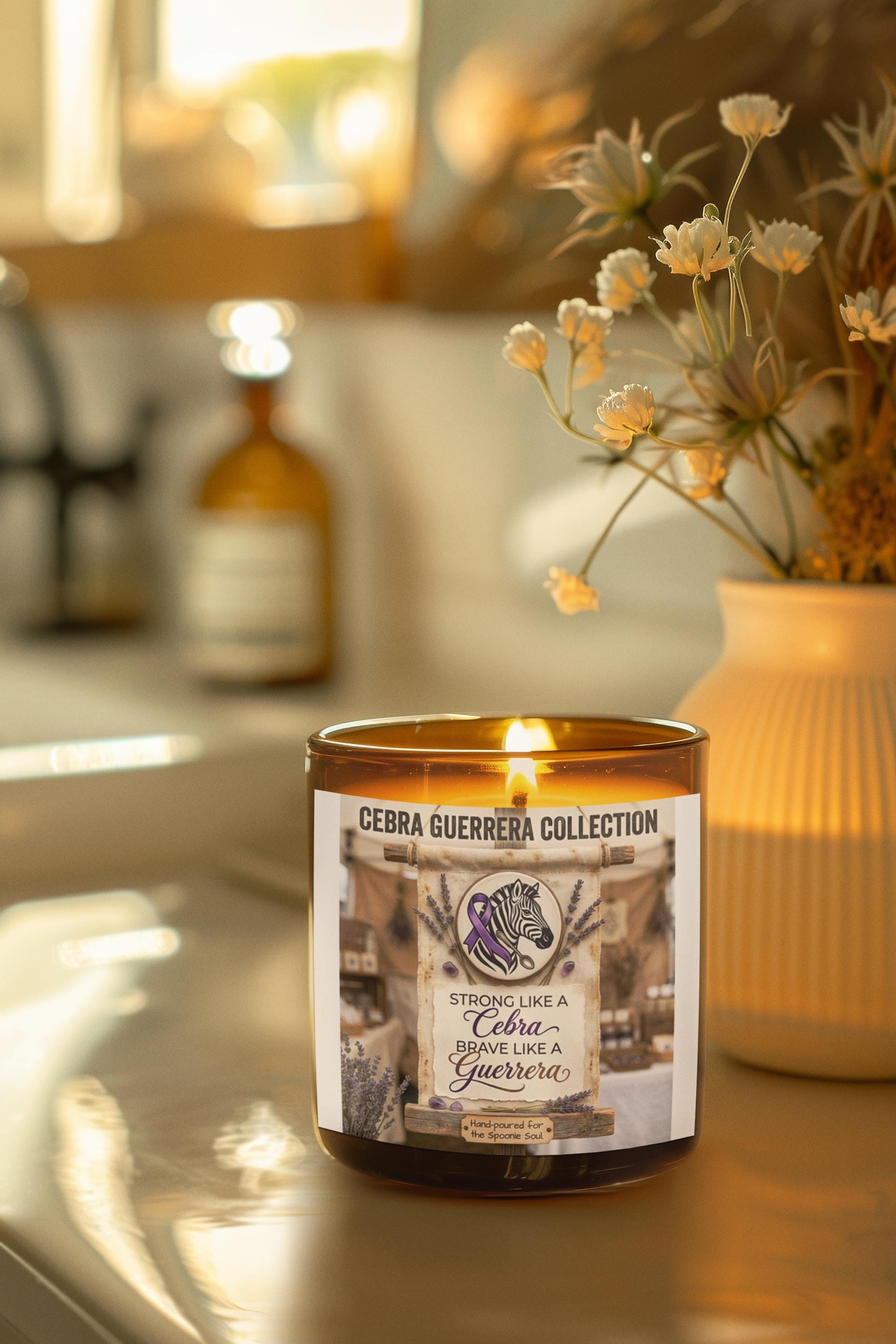 Latina-Owned: Cebra Guerrera Collection Soy Candle, Amber Jar, Spanglish, Chronic Illness, EDS, Bilingual
