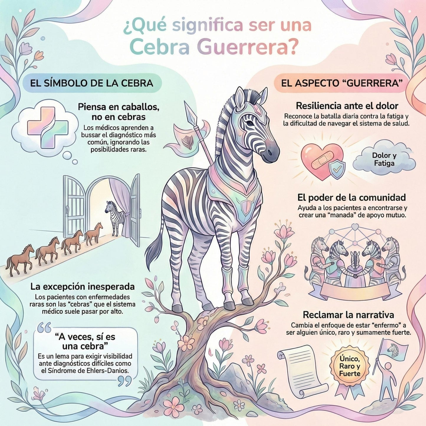 Latina-Owned: Cebra Guerrera Art Print, Ehlers-Danlos Syndrome Awareness, Spanish Infographic, 8x8